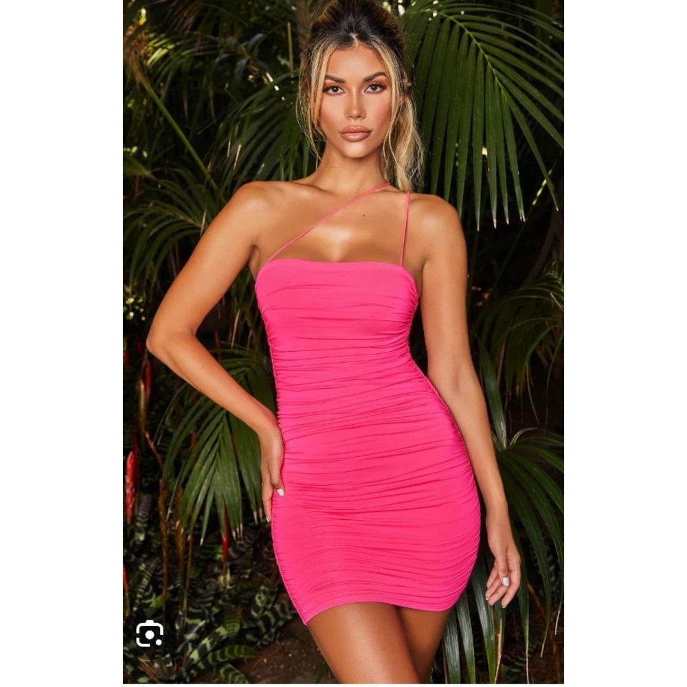 Oh Polly Neon Pink Ruched Bodycon Mini Dress‎ Square Neck Spaghetti Strap US 4